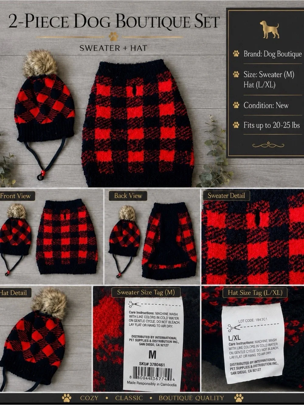 New Buffalo Plaid Dog Sweater & Pom-Pom Hat Set Size: Medium